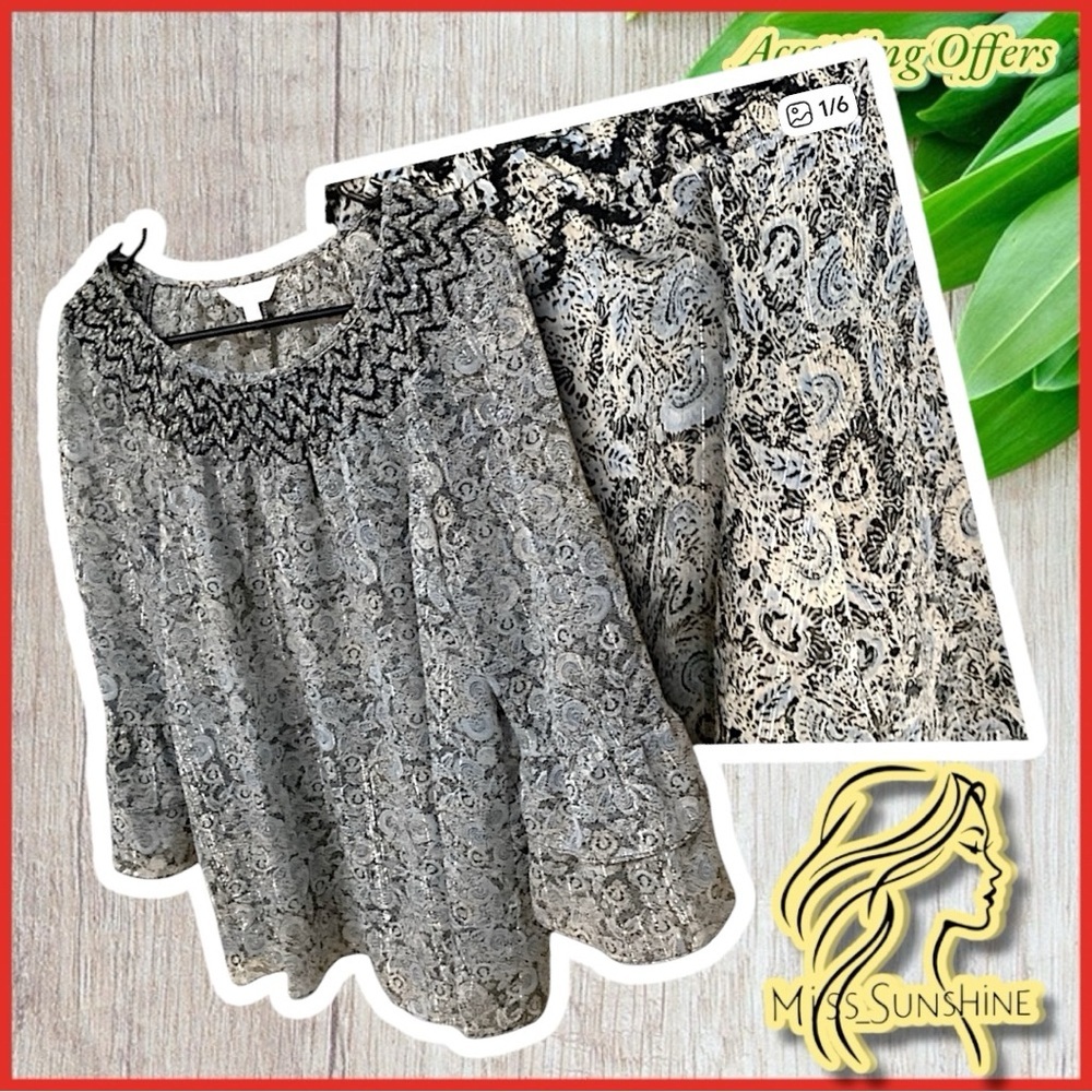 LC Lauren Conrad - Sz S - paisley glitter yarn pattern transparent top - 3/4 arm